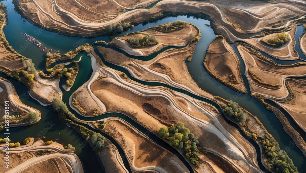 Poster aerial view of meandering rivers and streams with sediment deposits showcasing the stunning natural 