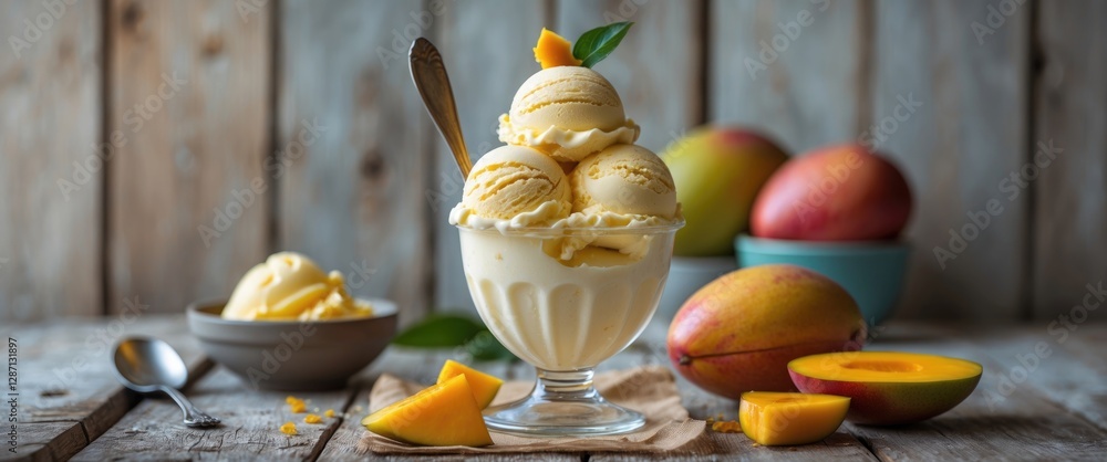 Poster homemade mango ice cream in glass bowl with fresh mangoes on rustic wooden table and space for text 