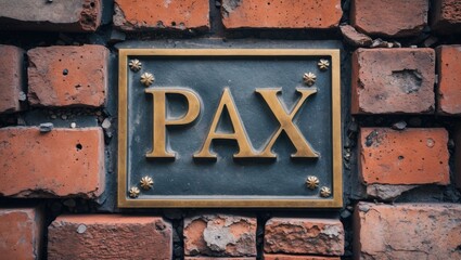 PAX inscription symbolizing peace on a decorative plaque set against a rustic brick wall background
