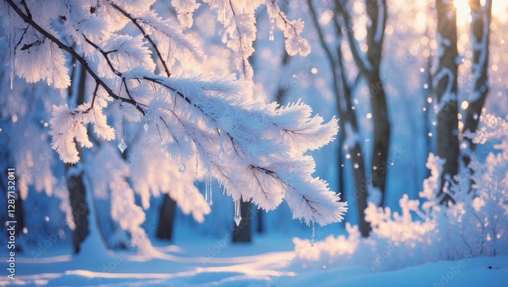 Poster enchanting winter scene featuring frost-covered tree branches illuminated by sunlight in a serene sn