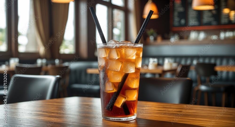 Poster iced tea served with black straws in a restaurant setting featuring natural light and empty space fo