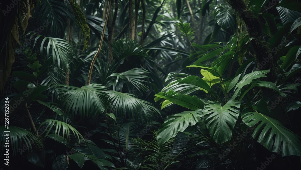 Fototapete tropical jungle foliage dense green leaves with natural light and dark shadows creating a mysterious