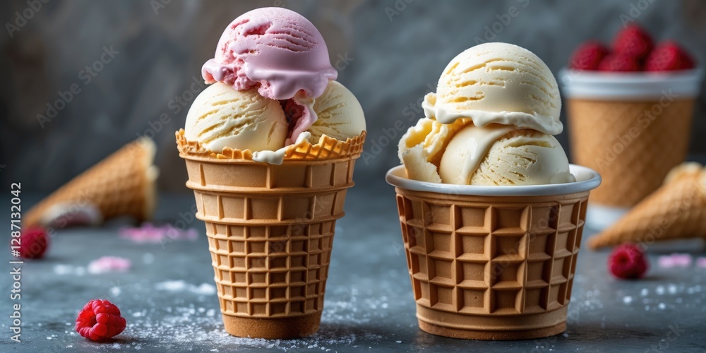 Aufkleber Delicious Soft Ice Cream Scoops in Waffle Cones and Cups with Fresh Raspberries on a Rustic Background Ideal for Sweet Treat Images