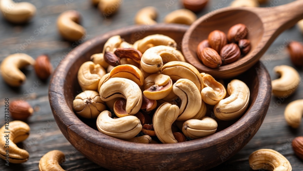 Poster roasted cashew nuts in a wooden bowl with a spoonful of seeds on a rustic table emphasizing healthy 