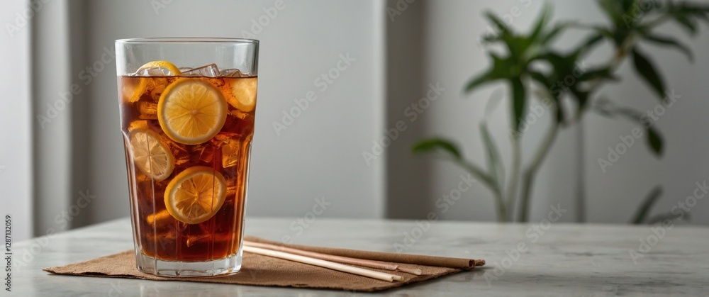 Aufkleber Refreshing Iced Tea with Citrus Slices and Paper Straws on a Table with Minimalist Background and Empty Space for Custom Text