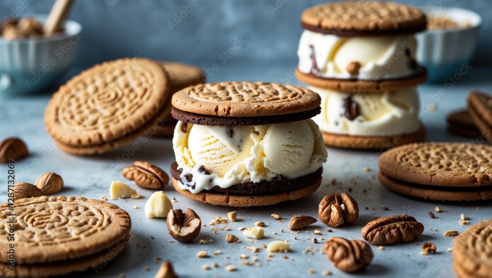 Aufkleber Homemade Ice Cream Sandwiches with Nuts on Wholegrain Cookies and Blank Space for Custom Text Display