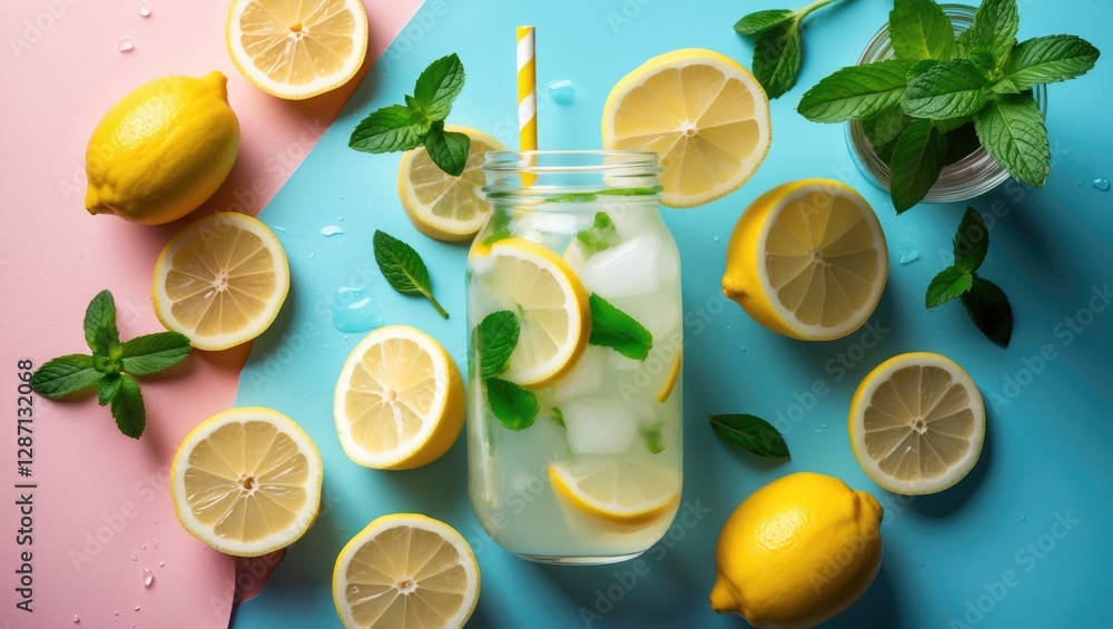 Aufkleber Refreshing Summer Lemonade with Fresh Lemons and Mint on Colorful Background with Space for Text and Design Elements