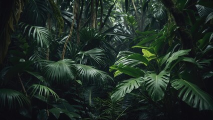 Tropical Jungle Foliage Dense Green Leaves with Natural Light and Dark Shadows Creating a Mysterious Atmosphere for Text Placement