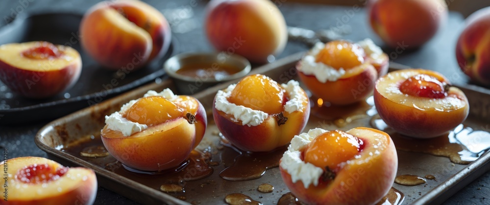Poster honey roasted peaches with cream cheese topped with honey drizzle fresh juicy nectarines dessert on 