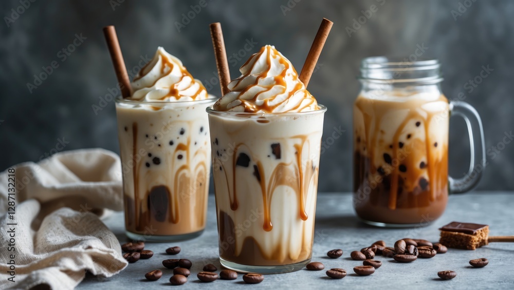 Poster Iced coffee drinks topped with cream and caramel on a gray background with coffee beans and empty space for text design placements.