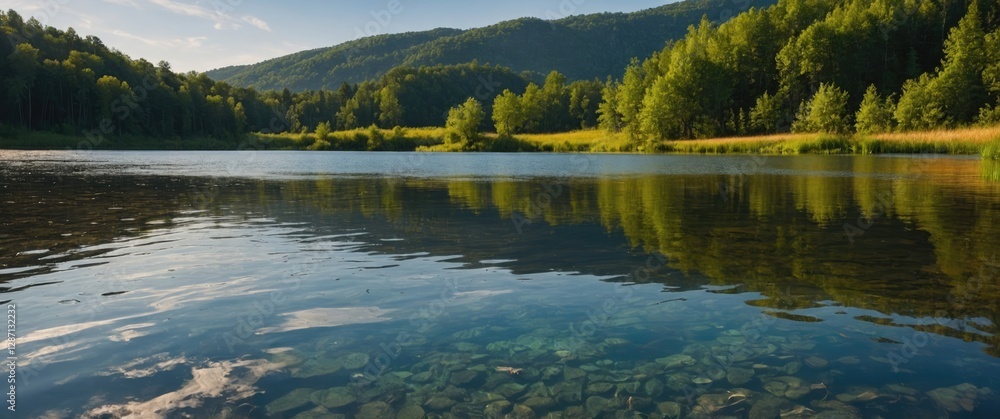 Poster serene landscape with clear water and lush green mountains. tranquil natural background with space f