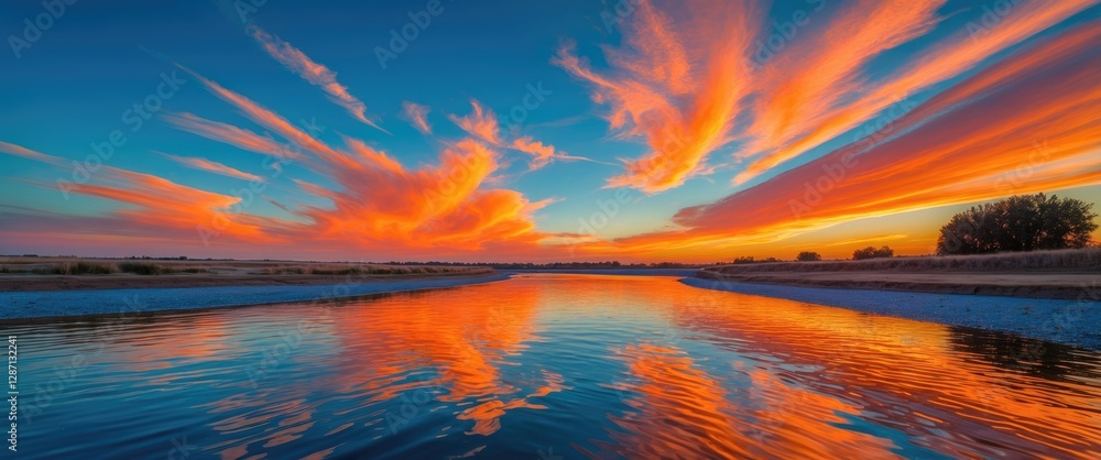 Aufkleber vibrant sunset over curving river with reflections and dramatic clouds creating serene landscape atm