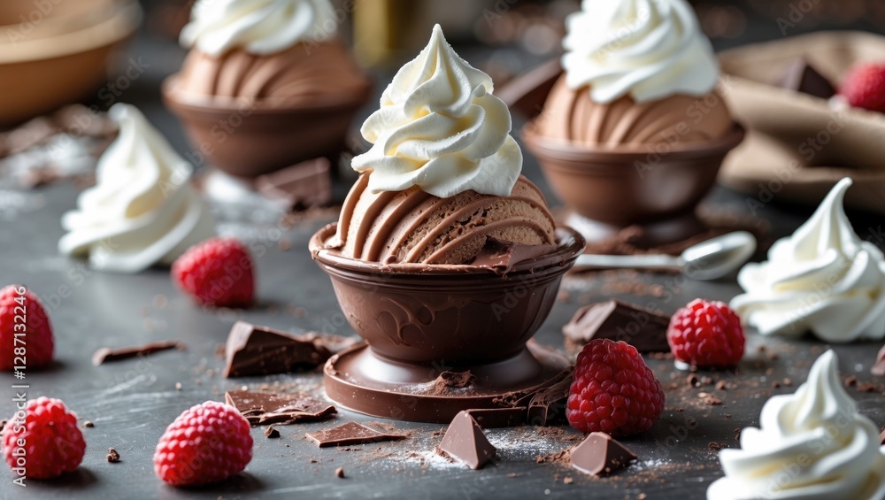 Aufkleber Delicious Chocolate Ice Cream with Whipped Cream and Raspberries on Dark Table with Empty Space for Text or Branding
