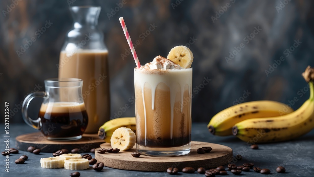 Poster homemade dirty banana daiquiri cocktail with coffee cream garnished with banana slices coffee beans 