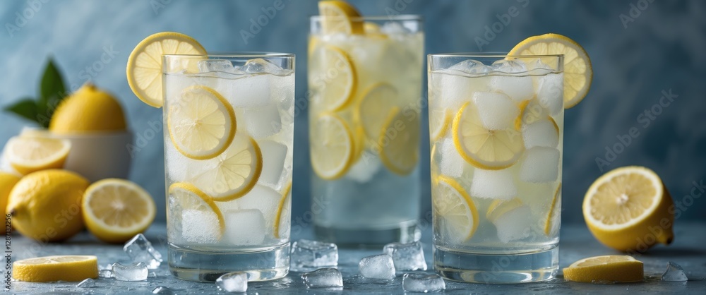 Poster refreshing lemonade in glasses with ice and lemon slices on blue background ideal for summer beverag