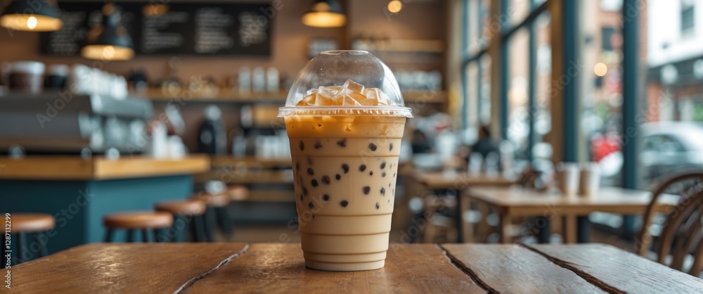 Poster iced coffee in plastic cup on rustic table inside modern coffee shop with inviting atmosphere and ro