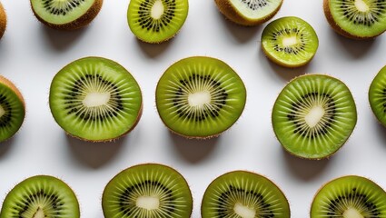 Fototapeta premium Sliced Kiwi Fruit Arranged on White Background Fresh Healthy Snack Concept