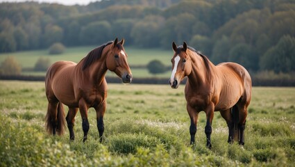 Fototapeta premium Two beautiful brown horses standing together in a lush green field surrounded by trees under a clear sky during a sunny day.