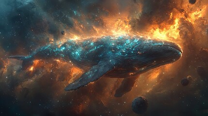 A cosmic whale swims through the swirling cosmos surrounded by stars
