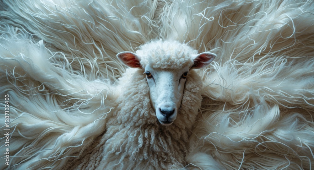Poster fluffy white sheep surrounded by soft wool texture creating a serene and natural backdrop ideal for 