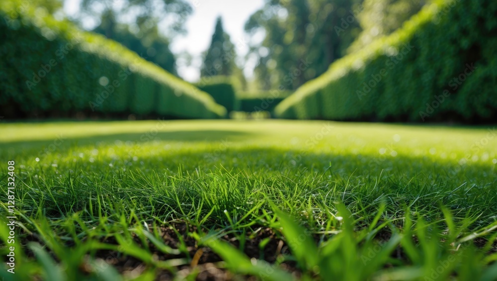 Aufkleber ground level view of freshly cut grass in a immaculate garden with blurred trees and hedgerow in the