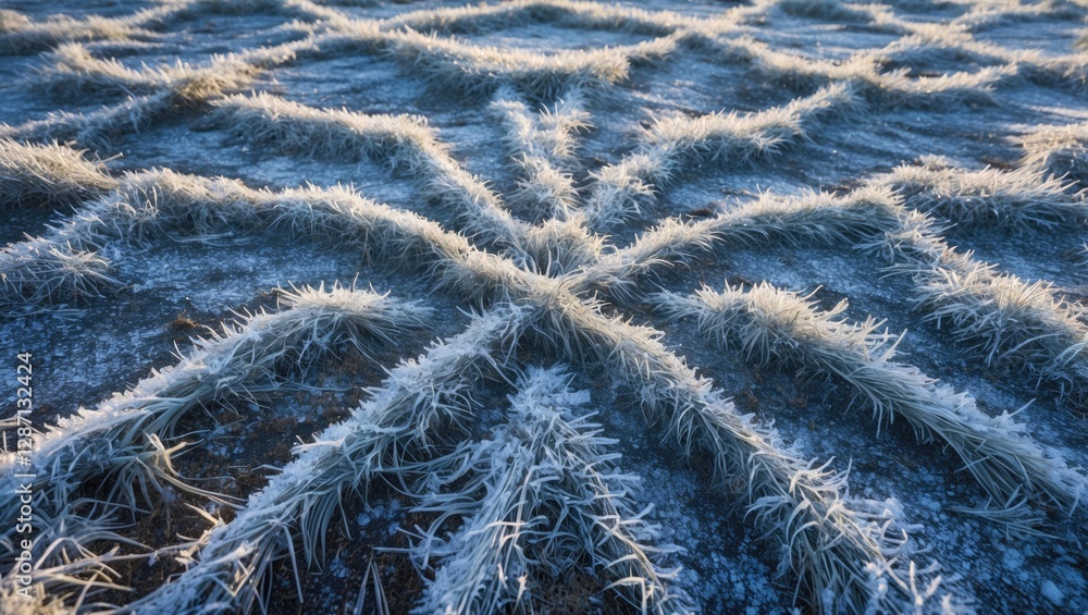 Aufkleber Intricate kaleidoscopic patterns created by frozen grass and ground showcasing winter's natural artistry and textures in a serene landscape.