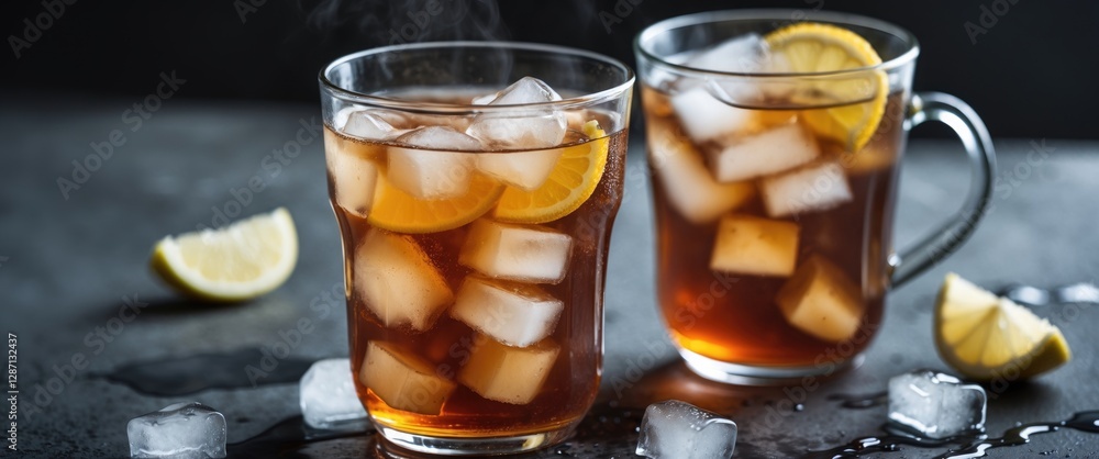 Poster refreshing iced tea with lemon slices and ice cubes in glass cups on dark background ideal for summe