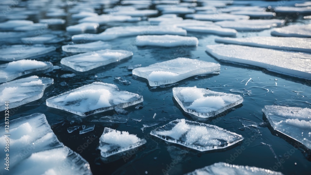 Aufkleber ice fragments floating on a frozen water surface in a natural setting showcasing winter's beauty and