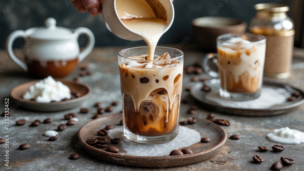 Poster refreshing iced coffee drink on rustic table with cream pouring and coffee beans showcasing creamy t