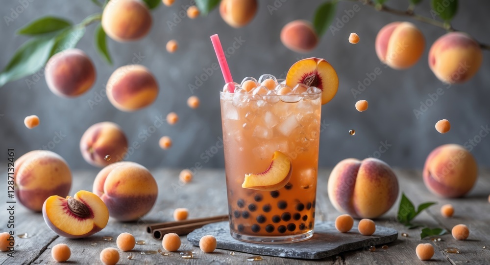 Aufkleber Refreshing Peach Tea with Popping Boba Surrounded by Fresh Peaches and Empty Space for Custom Text