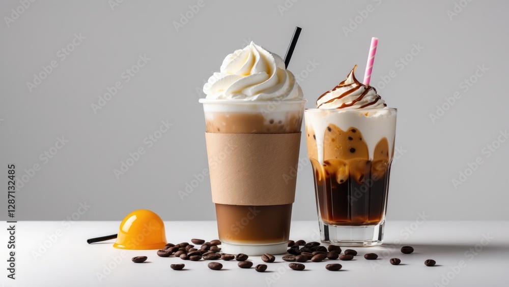 Poster iced coffee drinks with whipped cream and toppings displayed on a table with coffee beans and a yell