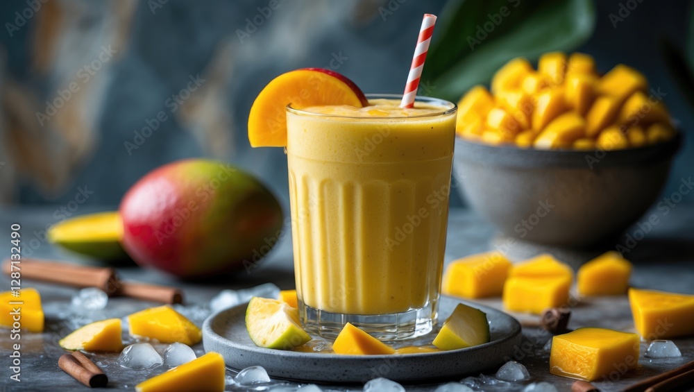 Aufkleber Fresh Mango Smoothie in Glass with Straw Surrounded by Mango Chunks and Ice on a Stylish Table Setting