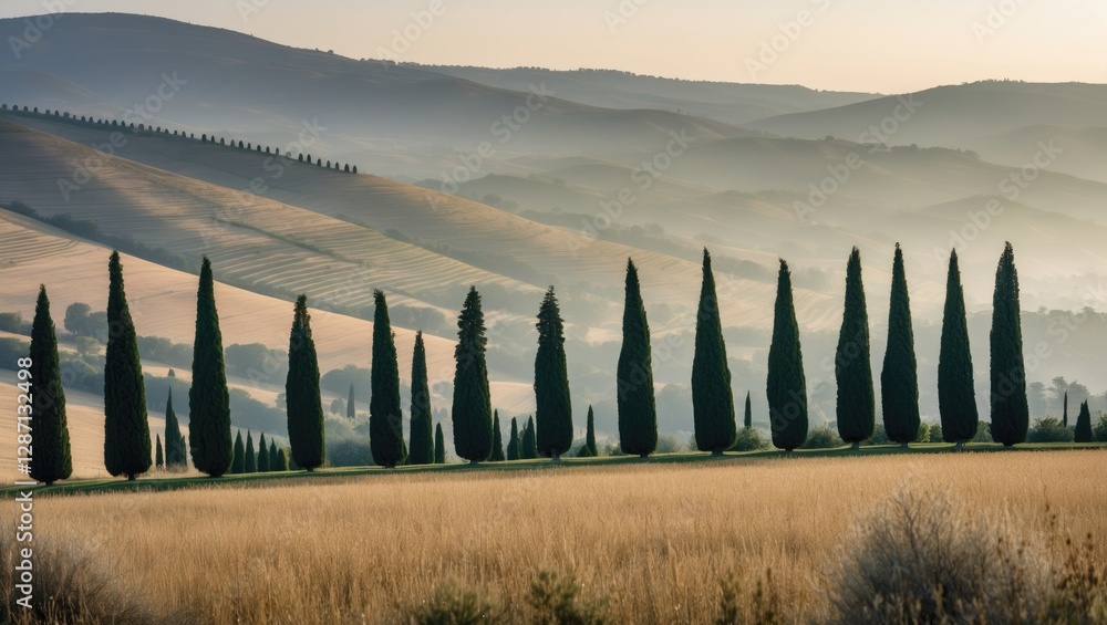 Poster Tuscany landscape featuring cypress trees in the foreground with hazy rolling hills creating a serene and picturesque rural scene.