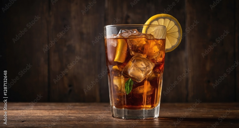 Poster Iced tea with lemon slice in a clear glass on a wooden table refreshing beverage with ice cubes and empty space for text or branding