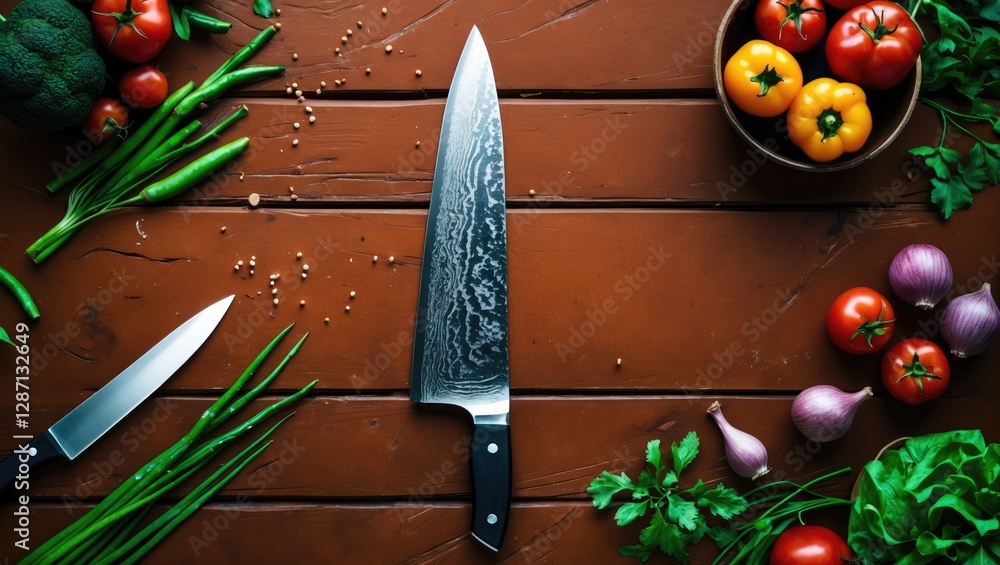 Poster chef knife on rustic wooden table with fresh vegetables and herbs, top view composition showcasing c