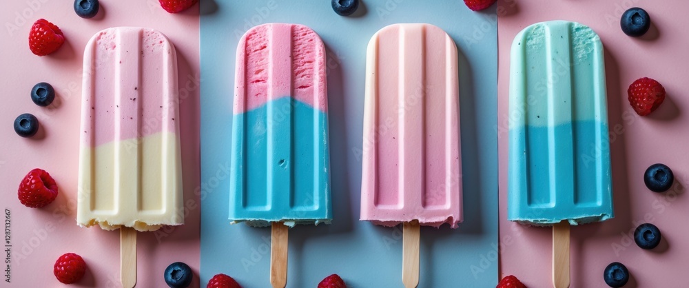 Aufkleber Pastel Colored Ice Cream Popsicles With Fresh Berries On Paper Background Minimal Summer Concept Flat Lay With Copy Space For Text