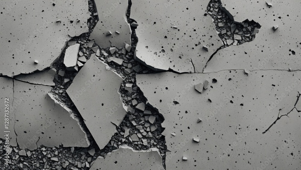 Poster textured concrete surface with cracked and damaged areas revealing small shards and fragments in mon