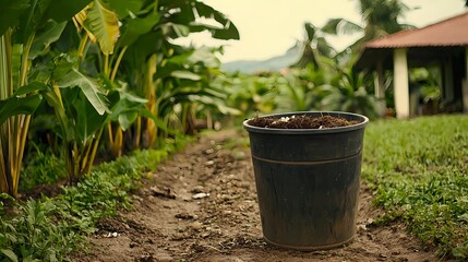 Banana Plantation with Potting Soil in Bucket, Sustainable Agriculture Farming Concept