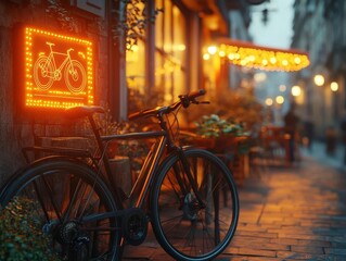 Bicycle parked near a cafe with glowing AR bike tracking, cozy urban street setting, soft ambient lighting, photorealistic