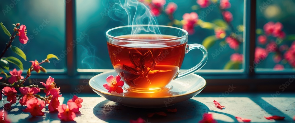 Poster steam rising from a cup of tea on a sunlit windowsill surrounded by blooming flowers creating a sere
