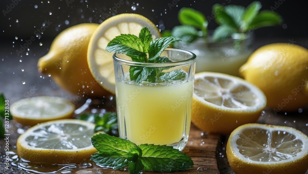 Aufkleber freshly squeezed lemon juice with mint garnish surrounded by whole and sliced lemons on a rustic woo