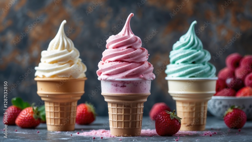 Poster Colorful Ice Cream Cones with Fresh Berries and Empty Copy Space for Customization
