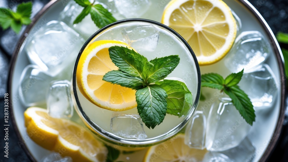 Poster refreshing summer cocktail with lemon vodka garnished with lemon slices and fresh mint leaves served