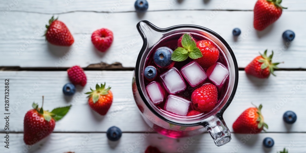 Poster refreshing berry beverage with ice cubes and mint garnish on white wooden table top view healthy sum