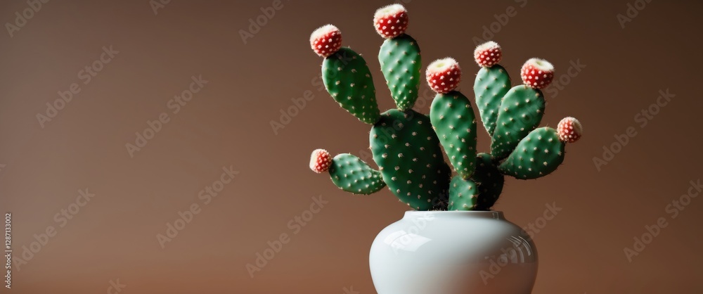 Aufkleber cactus houseplant in a white vase displaying vibrant green pads and red toppings against a warm brow