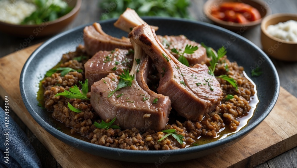 Poster delicious lamb chops served on a bed of flavorful lentils garnished with fresh herbs in a rustic set