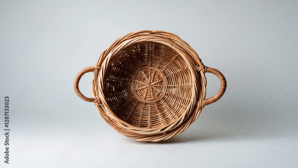 Aufkleber inverted wicker basket with handles isolated on neutral background for home decor or craft use