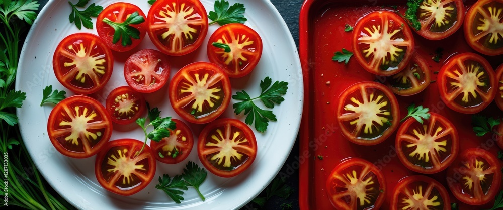 Poster sliced red tomatoes garnished with fresh parsley on plates, top view macro shot highlighting vibrant