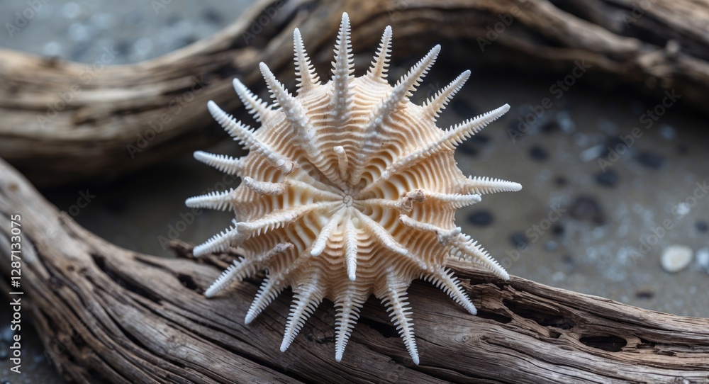 Aufkleber Intricate Spiny Murex Seashell Resting on Driftwood with Natural Background and Space for Text or Design Elements