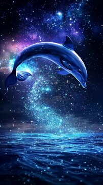 A dolphin leaps through a starry cosmic scene, captured from a low angle. The vibrant, surreal style evokes a dreamlike video animation feel. Suitable as mobile wallpaper.